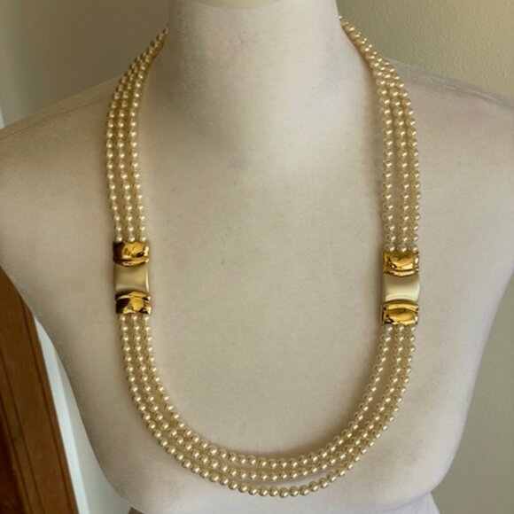 Napier Jewelry - NAPIER Vintage 3 Strand Faux Pearl Enamel Accent Gold Tone Necklace